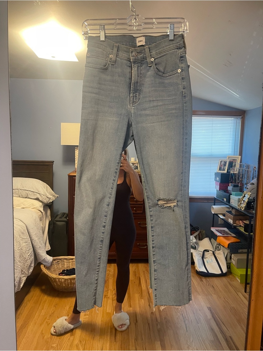 Edwin Light Blue Straight Leg Jeans with Knee Distress